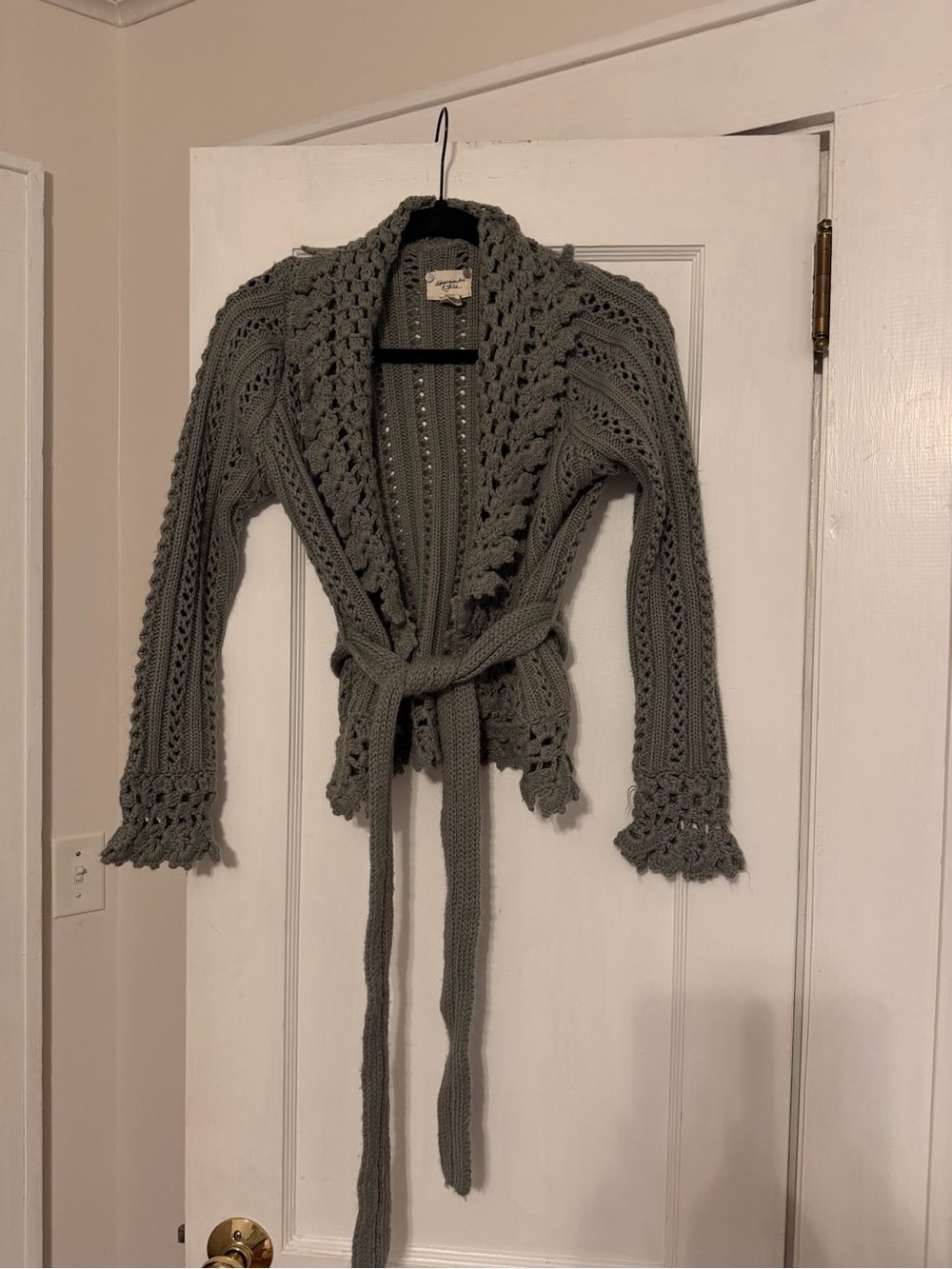 Abercrombie & Fitch Olive Gray Crochet Tie-Waist Cardigan